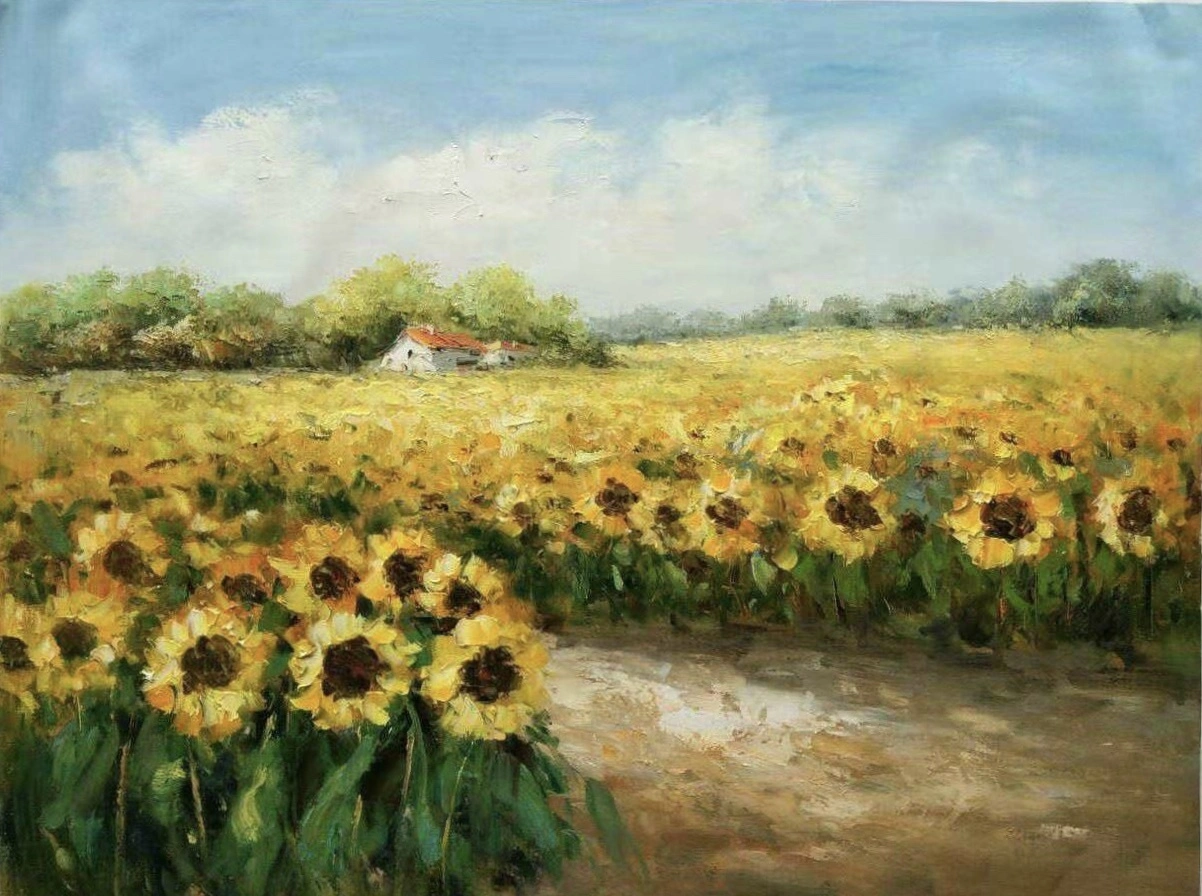 Pintura impressionista de parede pintada à mão em tela de campo de girassol 1