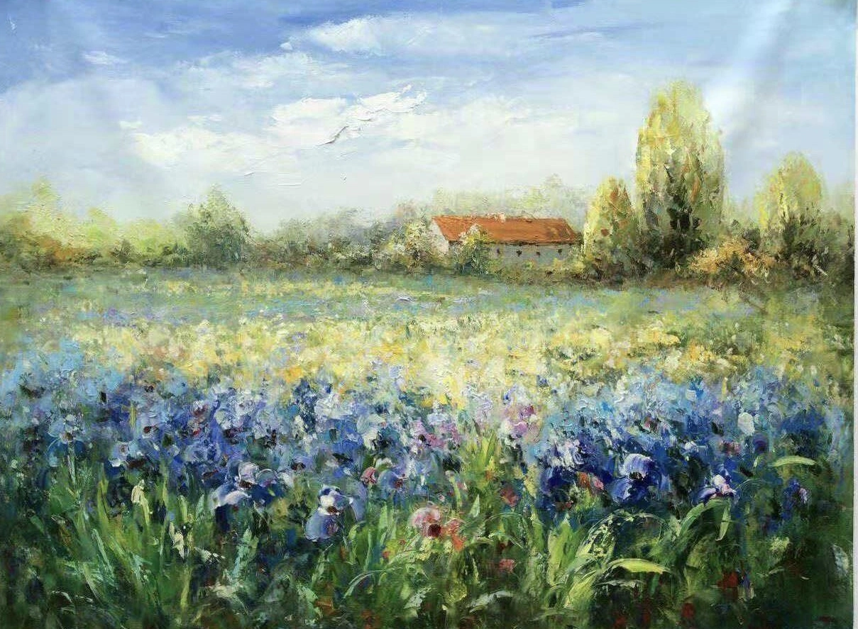 Tableau impressionniste peint à la main représentant un soir dans un champ d&#39;iris, à vendre. 1