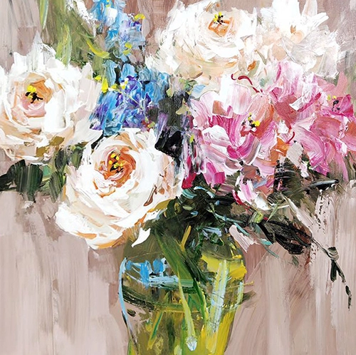 Witte en roze roos op canvas - Origineel olieverfschilderij Linnen canvas Rozenschilderijen Impressionistisch Impressionisme Bloemen Stilleven 1