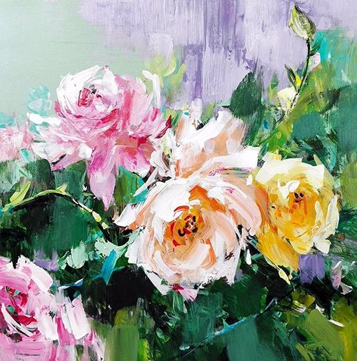 Pintura abstracta de rosas rosas, óleo sobre lienzo, arte floral para pared, lienzo, decoración para sala de estar, textura, pintura acrílica, decoración primaveral 1