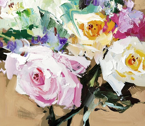 Bodegones florales originales al óleo sobre lienzo: rosas coloridas, arte floral fino, decoración de pared para comedor o hogar. En venta. 1