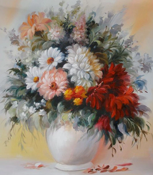 Pintura a óleo sobre tela, à venda, representando um vibrante buquê floral pintado à mão em um vaso branco, uma natureza-morta com flores. 1