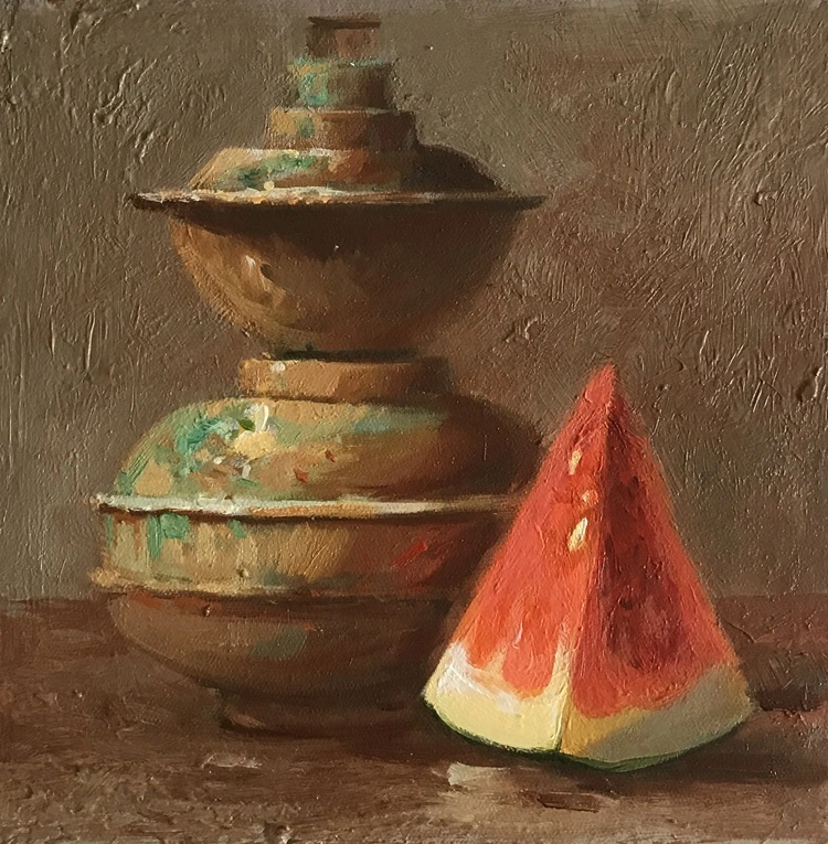 Pintura a óleo sobre tela, com textura agradável e pinceladas expressivas feitas à mão, retratando um vaso de bronze e uma melancia em uma natureza-morta. Ideal para decoração de parede. 1