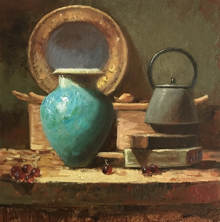 Natureza morta com vaso turquesa, pintura a óleo clássica feita à mão sobre tela com pinceladas texturizadas para decoração de casa. 1