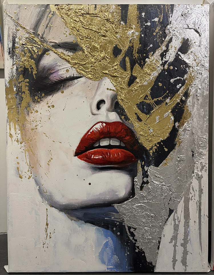 Groot formaat abstract goud en zwart acryl vrouwengezicht canvas wandkunst hedendaagse schilderkunst rode lippen pop art canvas voor huisdecoratie 1