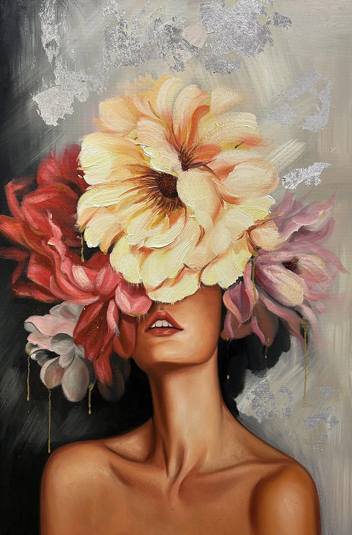 Groot formaat abstracte bloemen acryl vrouw gezicht canvas wandkunst hedendaagse schilderkunst rode lippen kunstwerk canvas voor huisdecoratie 1