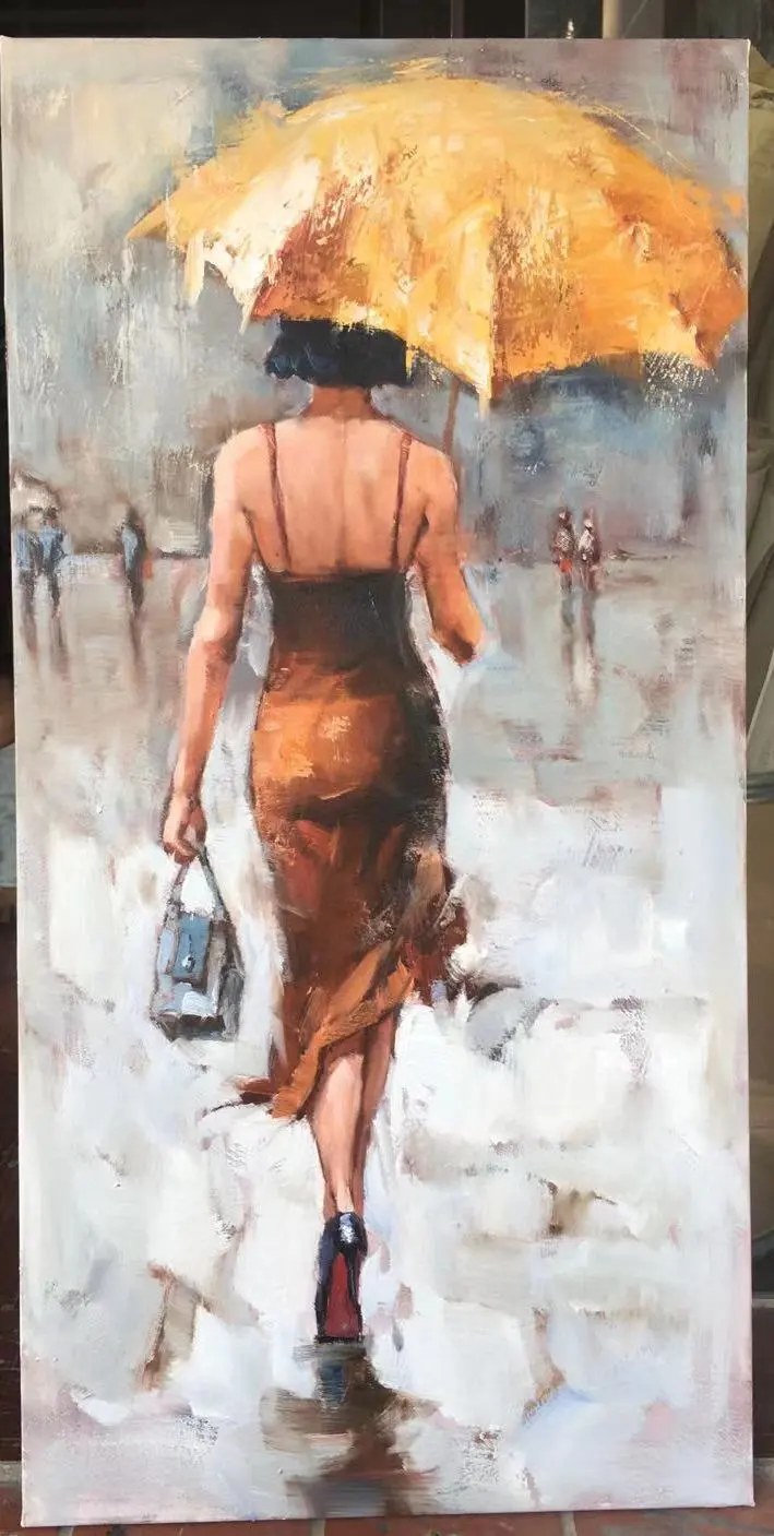 Groot abstract stadsgezicht, olieverfschilderij op canvas, modieuze dame op straat met paraplu, wanddecoratie voor thuis. 1