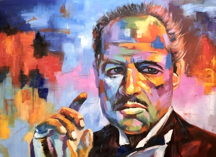 Portret van de peetvader, kleurrijk canvas schilderij voor aan de muur, perfect voor thuis of op kantoor. Handgemaakt kunstwerk van de hoogste kwaliteit. 1