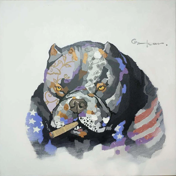 Hand-painted artwork of an American Bully dog smoking a cigar acrylic modern pop art on canvas for sale 1