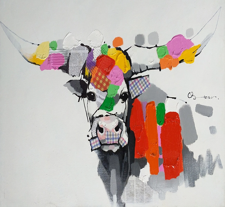 Hand-painted artwork Long Horn Cow acrylic painting modern pop art painting on canvas for sale 1