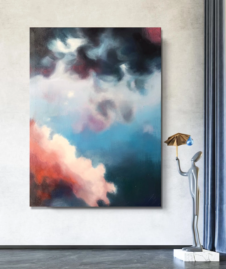 Σύγχρονη αφηρημένη ζωγραφική σύννεφων σε καμβά με υφή, μοντέρνα τέχνη τοίχου, ακρυλική διακόσμηση τοίχου, χειροποίητο μεγάλο έργο τέχνης, διακόσμηση σαλονιού 1