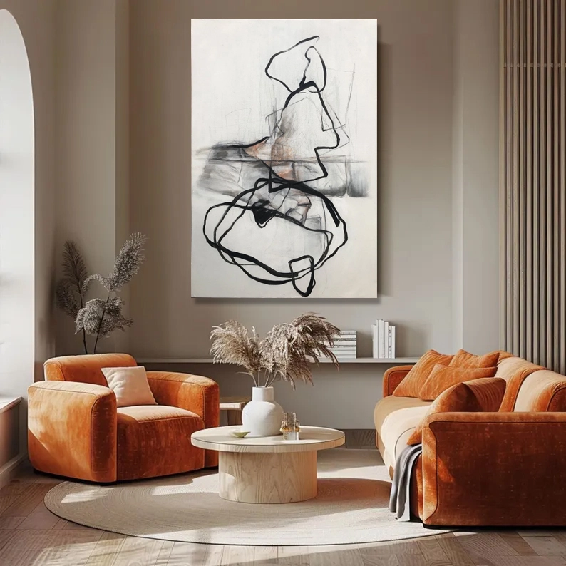 Σύγχρονη αφηρημένη ζωγραφική σε καμβά με γραμμές τοίχου, ακρυλική διακόσμηση τοίχου, χειροποίητη, ασπρόμαυρη, μεγάλη διακόσμηση σαλονιού 1