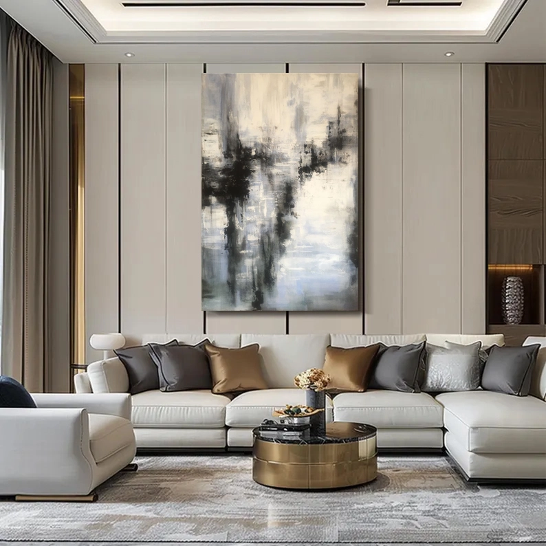 Μινιμαλιστική Μεγάλη Αφηρημένη Υφή Ζωγραφική σε Καμβά Γραμμή Τοίχου Ακρυλικό Διακόσμηση Τοίχου Χειροποίητο Μαύρο και Άσπρο Μοντέρνο Έργο Τέχνης Ζωγραφική 1