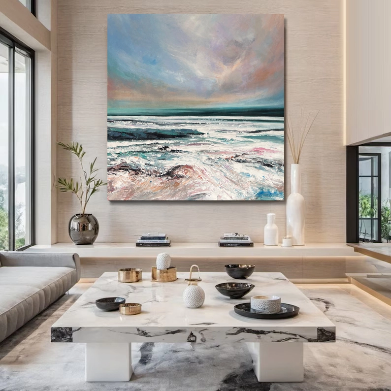Μεγάλη ακρυλική ζωγραφική στον ωκεανό με υφή, αφηρημένη ακρυλική ζωγραφική τοίχου με θαλασσινό τοπίο, διακόσμηση τοίχου γραφείου στο σπίτι 1