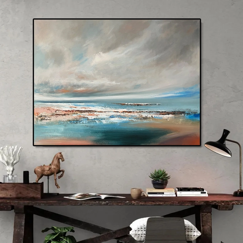 Μεγάλη χειροποίητη υφή ακρυλικού τοίχου με θέμα τον ωκεανό – Αφηρημένη ζωγραφική με θαλασσινό τοπίο για διακόσμηση σπιτιού και γραφείου 1