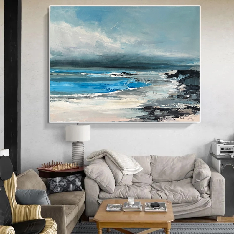 Χειροποίητη ζωγραφική με ακρυλικό με υφή ωκεανού – Μεγάλη αφηρημένη τέχνη τοίχου με θαλασσινό τοπίο 1