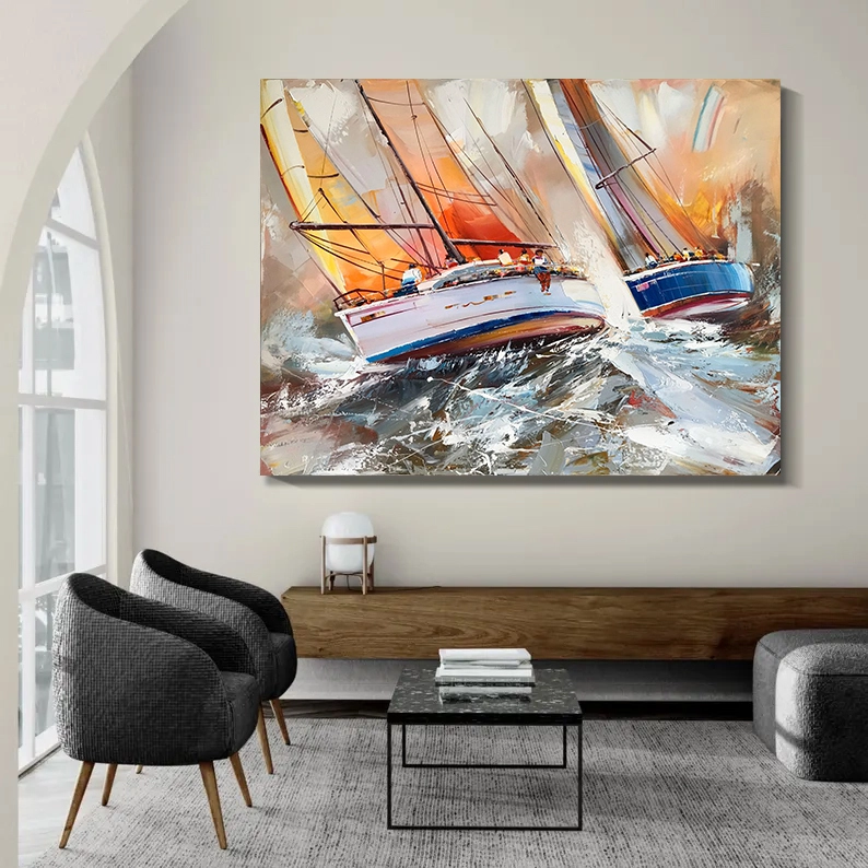 Impressionistic Hand painted Sailboat Regatta Oil Painting, Signed Seascape Boat Painting on Canvas, Coastal Wall Art 1