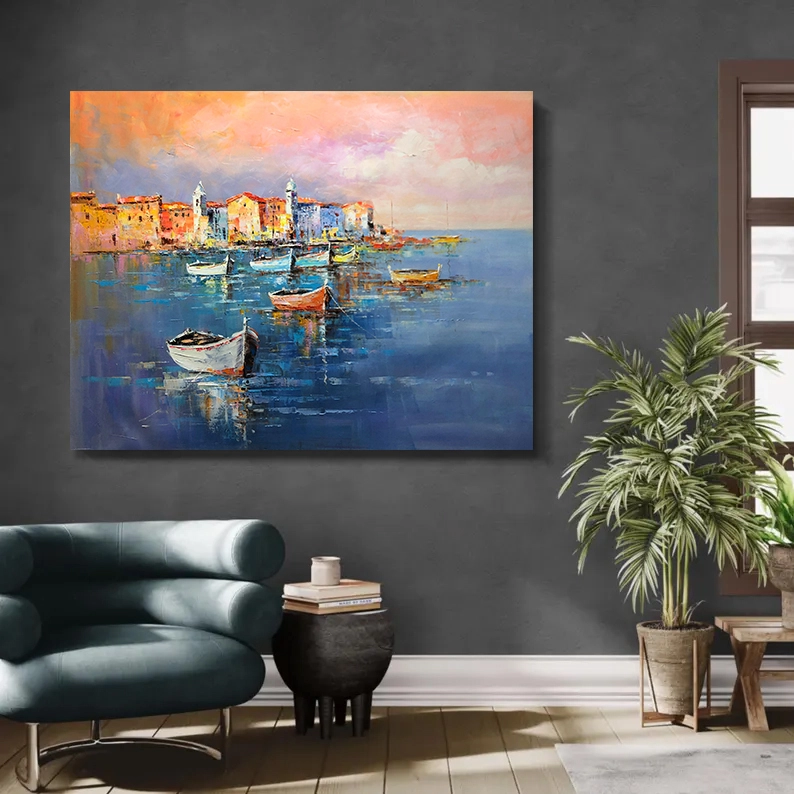 Modern Seascape Hand painted Boat Art Oil Painting, High Quality Seascape Boat Painting on Canvas, Coastal Wall Art 1