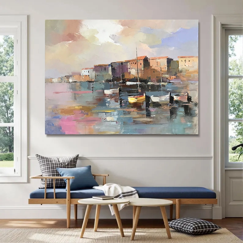 Modern Seascape Boat Oil Painting, Hand Painted Coastal Wall Art, Seascape Painting on Canvas 1