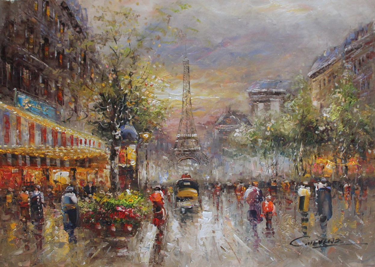 Large City Street Scene Painting Paris Cityscape Oil Painting, Paris Original Painting 24X36in/60X90cm, Paris City Painting, Wall Art Decor 1