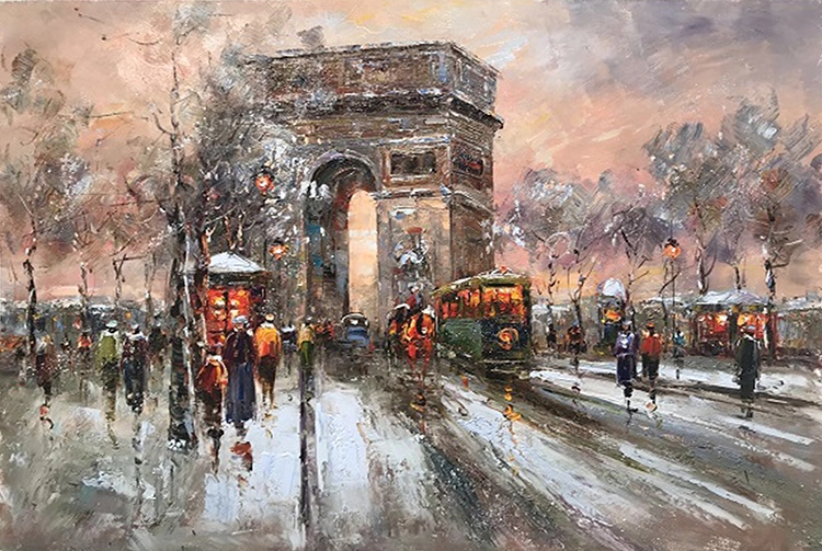 Large City Street Scene Painting Arc de Triomphe Canvas Cityscape Oil Painting, Hand Painted Original Painting 120x90cm, Wall Art City Painting 1