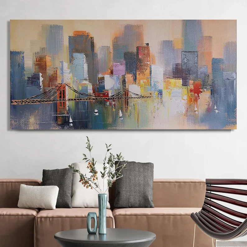 Χειροποίητος μοντέρνος καμβάς τοίχου με αφηρημένη γέφυρα του Μπρούκλιν για διακόσμηση σπιτιού 1