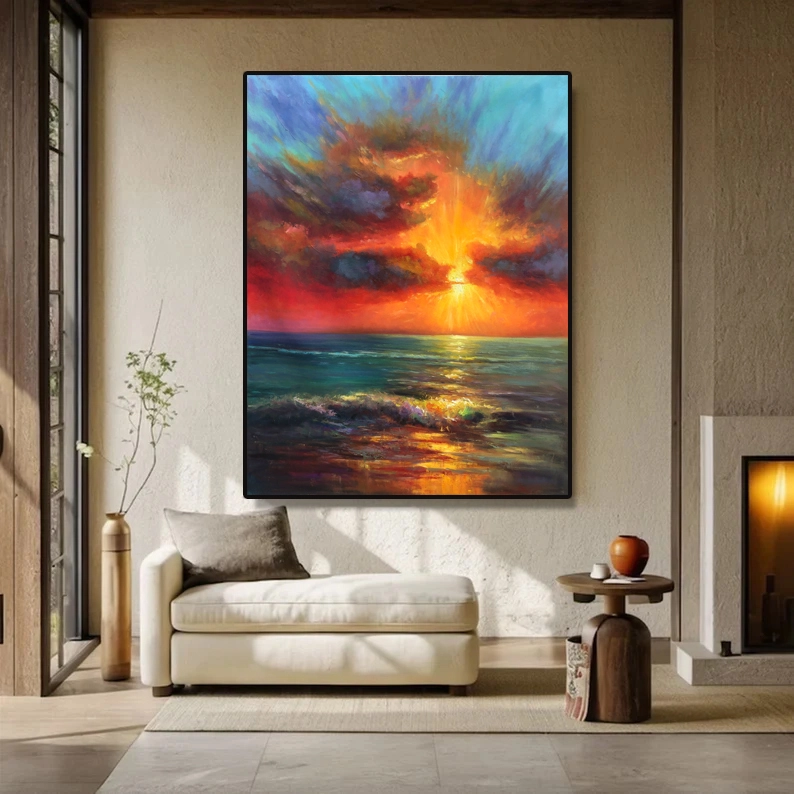 Χειροποίητη, υφή, ζωγραφική με λάδι, θαλασσογραφία, Impasto, ηλιοβασίλεμα, ζωγραφική σε καμβά 1