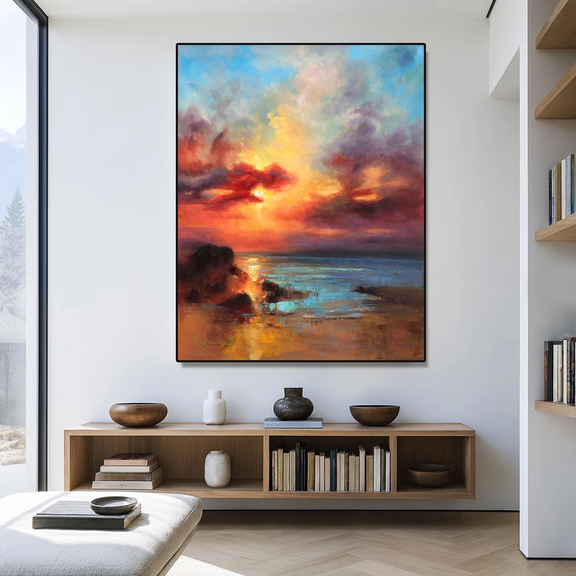 Χειροποίητη ζωγραφική με λάδι και υφή, θαλασσογραφία με θέμα τον ωκεανό και τον Ωκεανό – Τέχνη τοίχου σε καμβά με ηλιοβασίλεμα 1