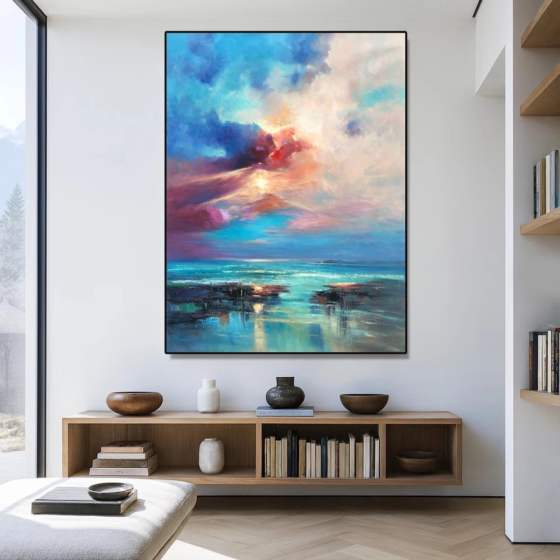 Χειροποίητη μεγάλη ελαιογραφία με θαλασσινό τοπίο στον ωκεανό – Παράκτια Τέχνη Τοίχου για Σαλόνι 1