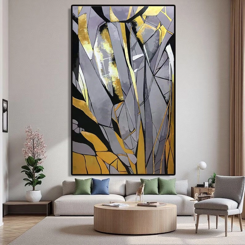 Dipinto ad olio astratto su tela, dipinto a mano, nei toni del grigio dorato, con dettagli in lamina d'oro per la decorazione delle pareti. 1