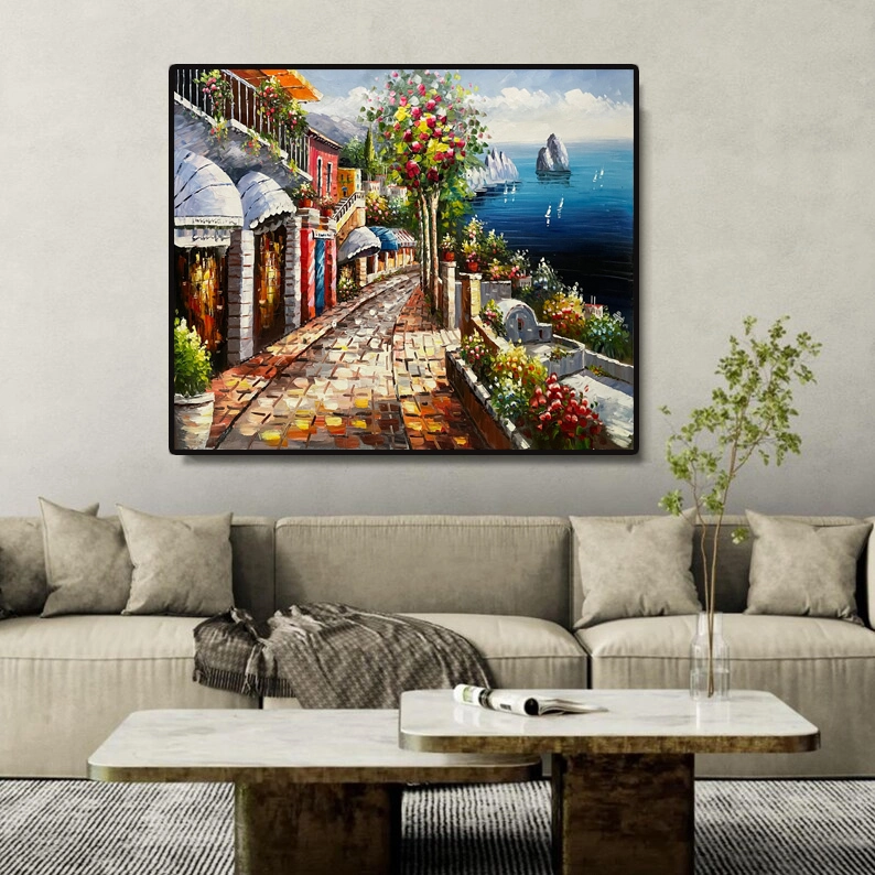 Dipinto a olio su tela interamente dipinto a mano, Capri, Italia. Le più belle città costiere italiane, villaggi, città, paesi, opera d'arte con texture a spatola in vendita. 1