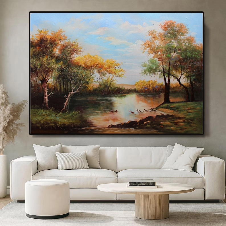 Handmade Autumn Oil Painting on Canvas Landscape Beautiful Forest River Painting Nature Wall Art Original Canvas Painting for Home decor 1