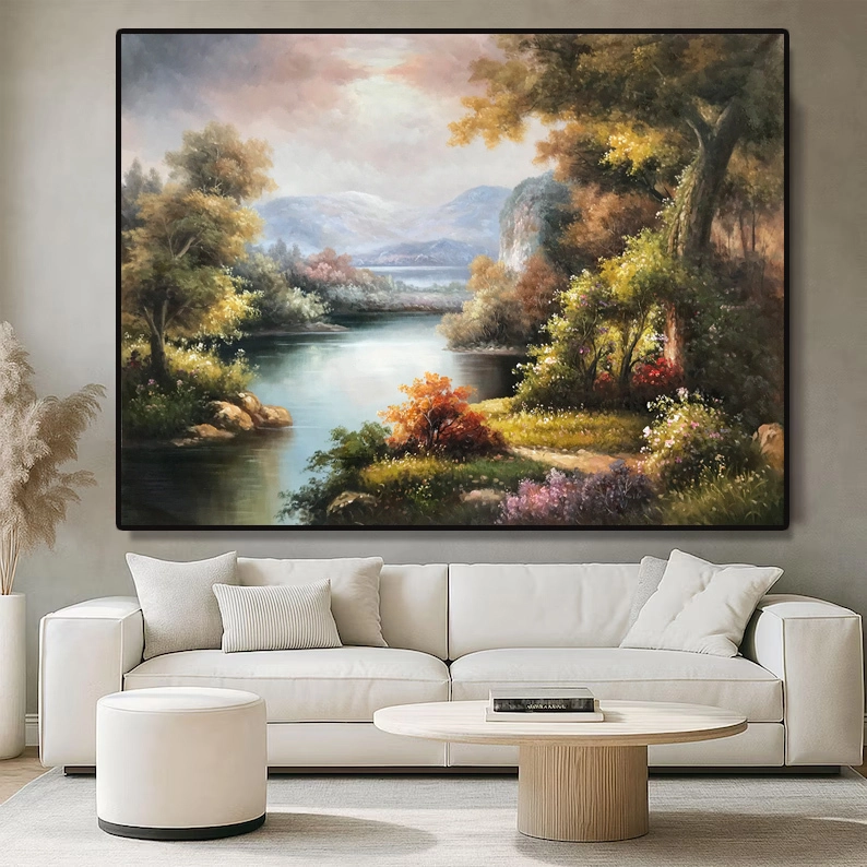 Handmade Landscape Oil Painting on Canvas Artwork Beautiful Forest River Painting Nature Countryside Wall Art Original Canvas Painting for Home decor 1