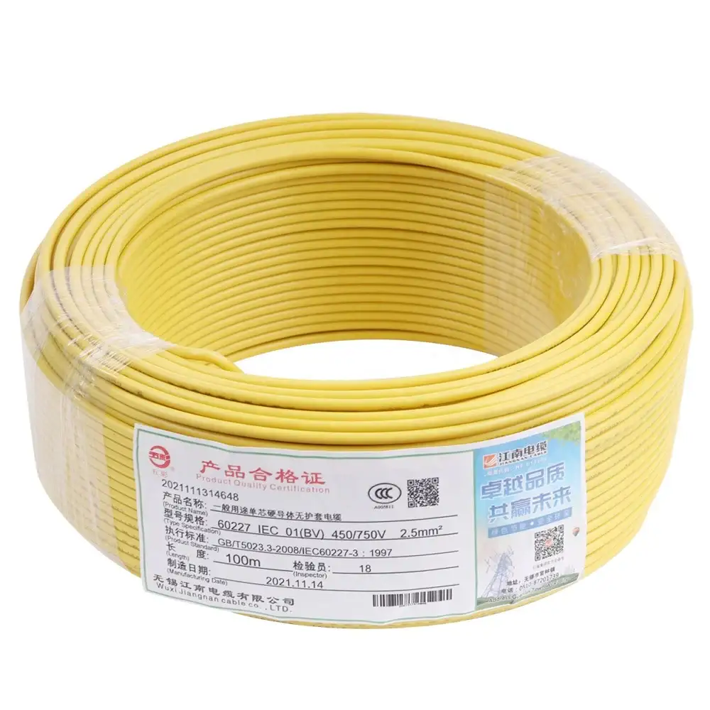 Цзяннань Огнестойкий медный провод Bv Solid 1,5 мм 2,5 мм Электрический кабельный провод 1