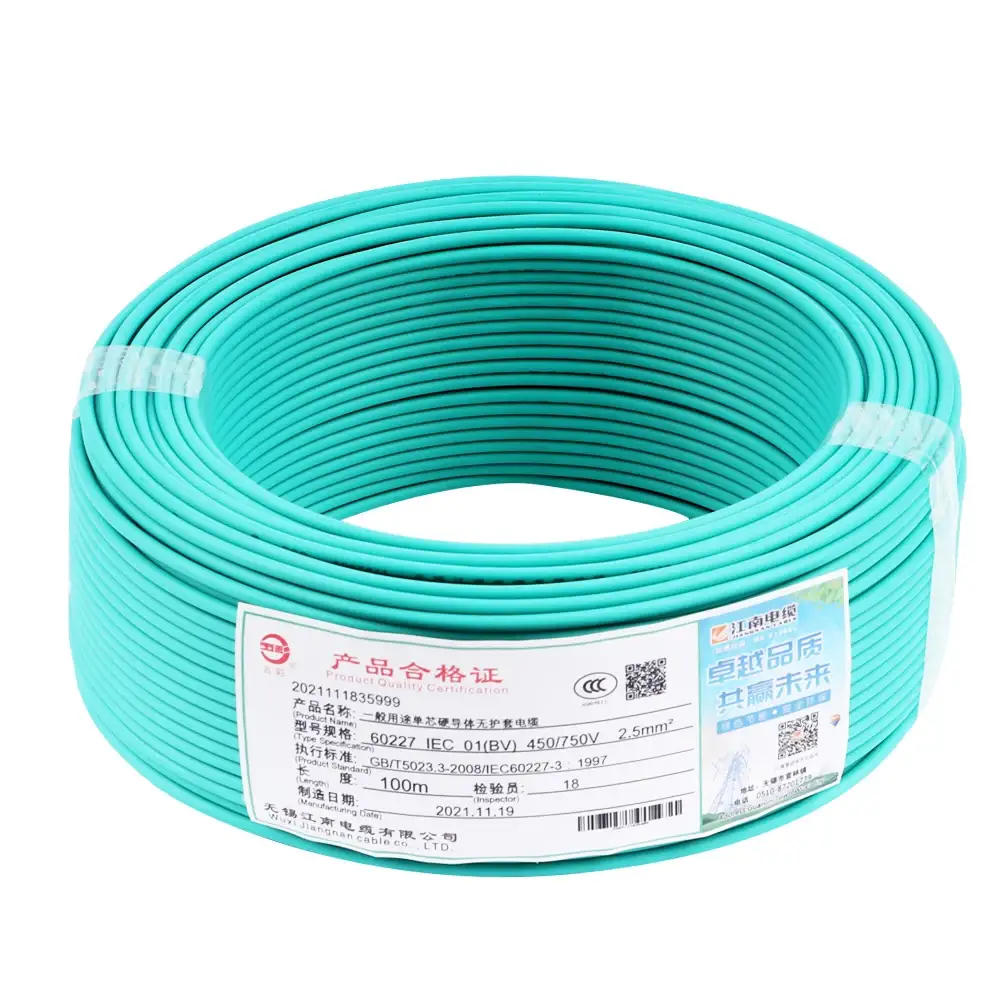 Wuxi Jiangnan 1.5mm 2.5mm 4mm 6mm 10mm Single Core Solido o intrecciato Rame Pvc Cablaggio domestico Cavo elettrico e filo da costruzione 1