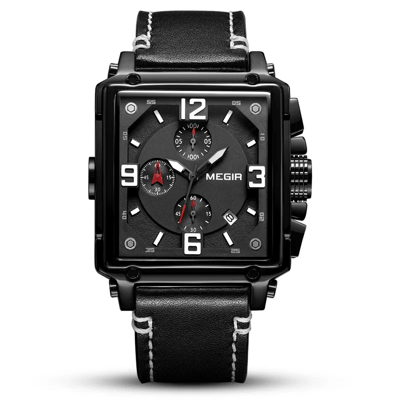 Retro Fashion Square Quartz Watch Multi Functional Calendar Genuine Leather Men's Quartz Watch 1