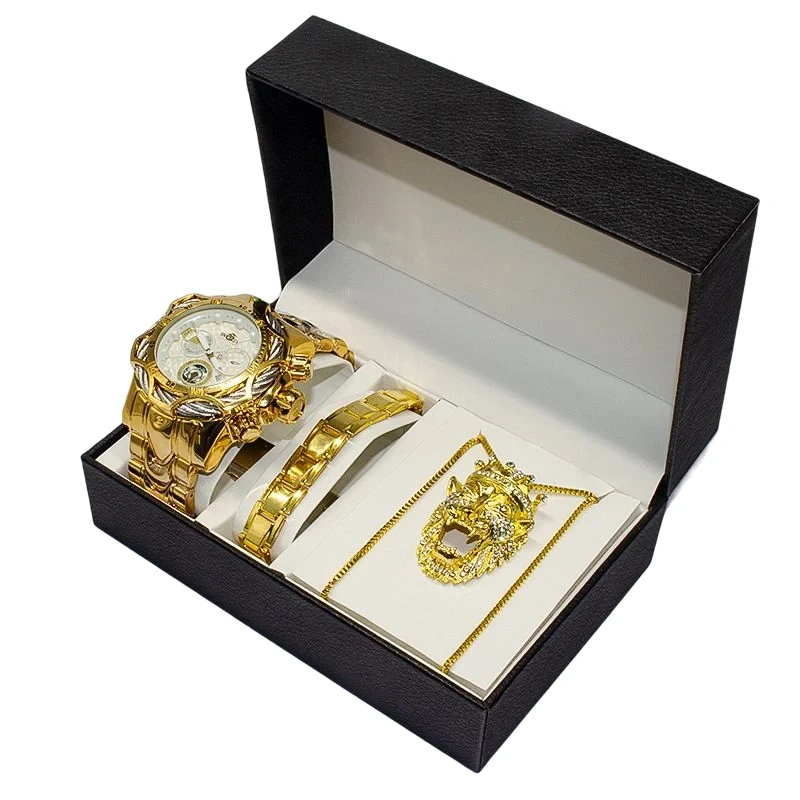 La aduana 3 pedazos del reloj de los hombres de los sistemas de la joyería del collar de la pulsera del oro fija los relojes de cuarzo con las cajas 1