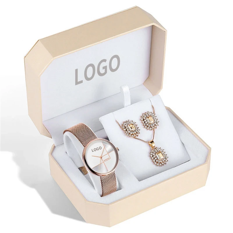 Brand Women Watch Set Rose Gold Steel Lady Fashion Crystal Pendant Necklace Earring Jewelry Set Quartz Wrist Watch 1