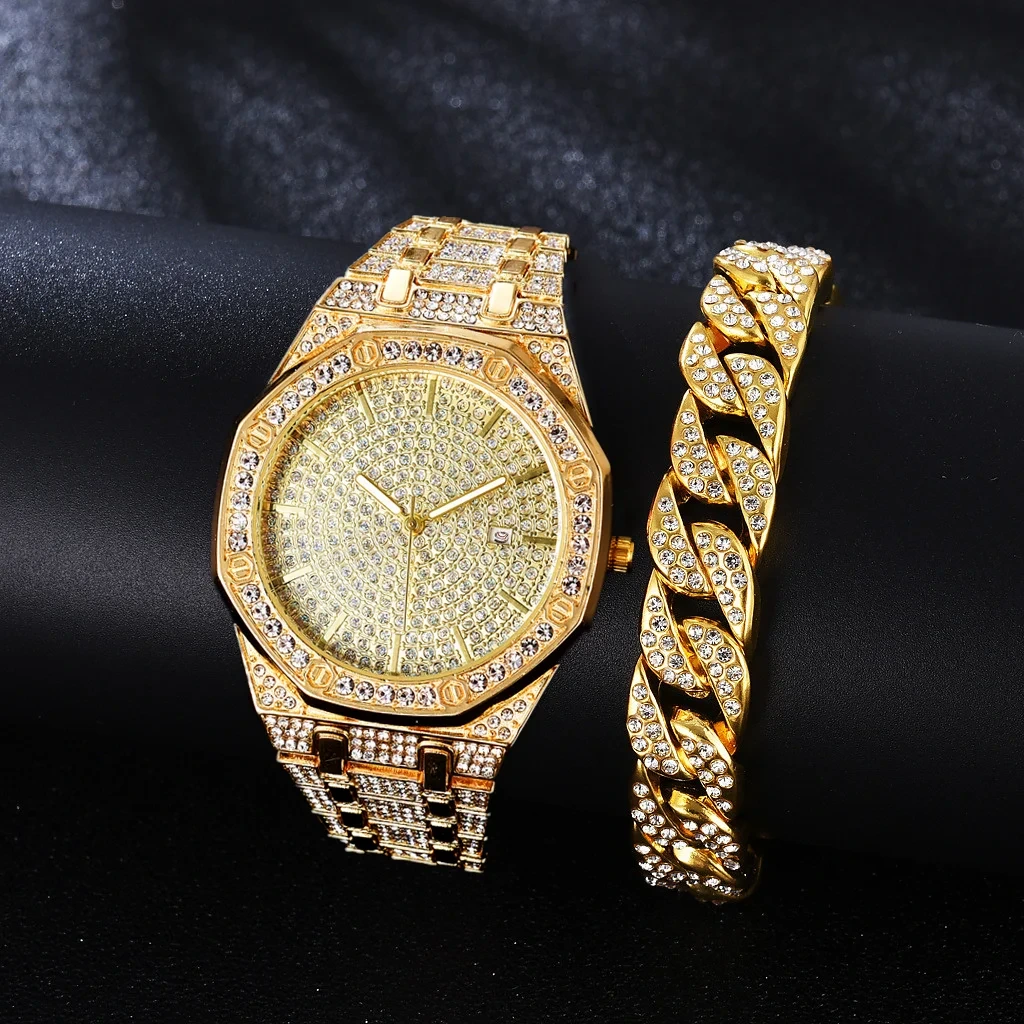 Free Sample Women Men Bracelet Watch New Big Cuban Chain Hip Hop Jewelry Set Rhinestone Male Watches 1