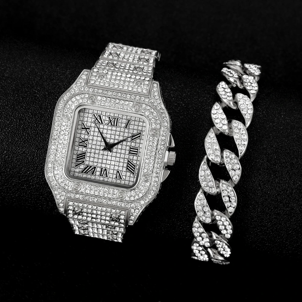 Free Sample High Quality Men Diamond Watch Bracelet Hip Hop Quartz Wristwatch Male New Design Watches 1