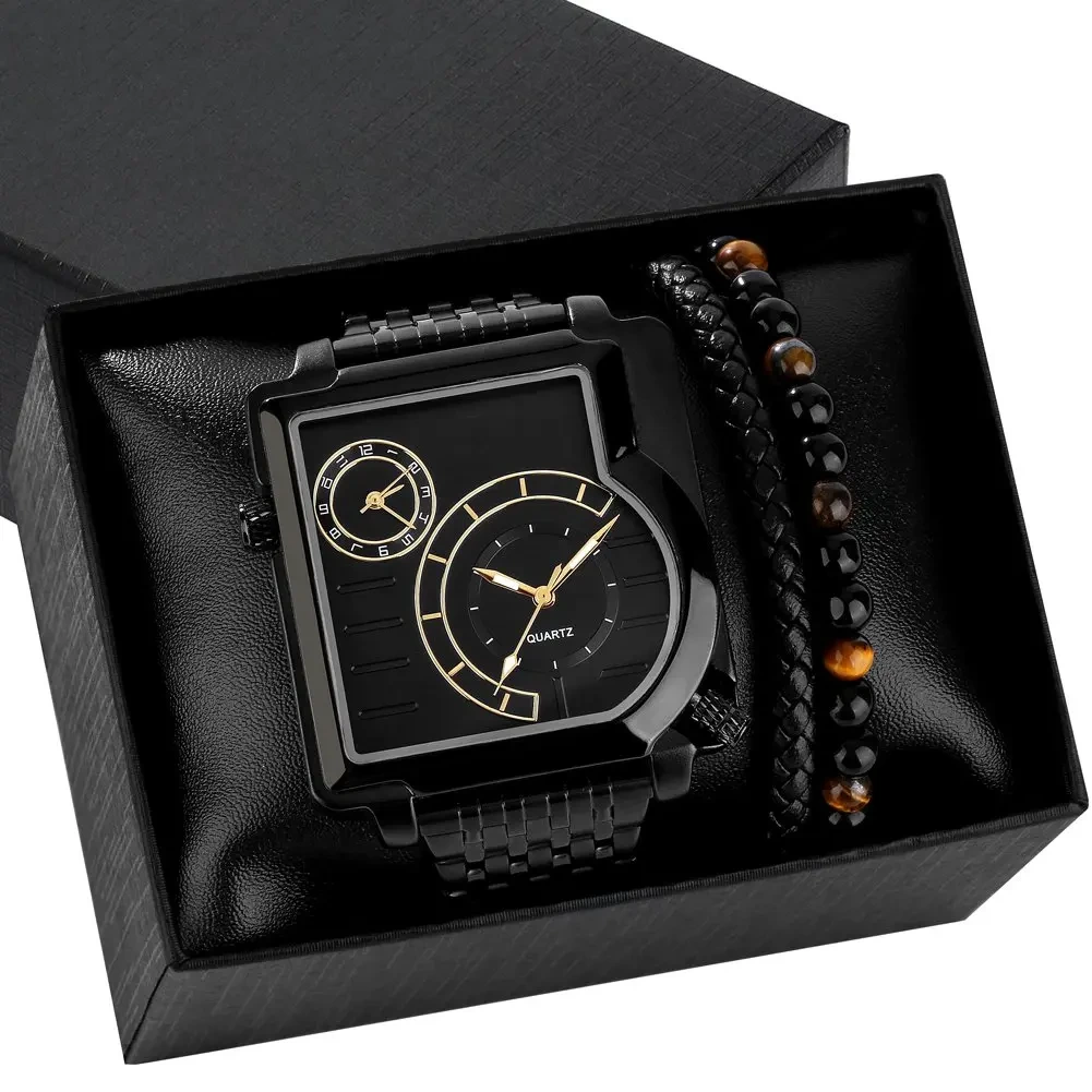 Free Sample Men Fashion Square Dual Time Zone Big Dial Quartz Wristwatch Bracelet Boyfriend Gift Watches 1