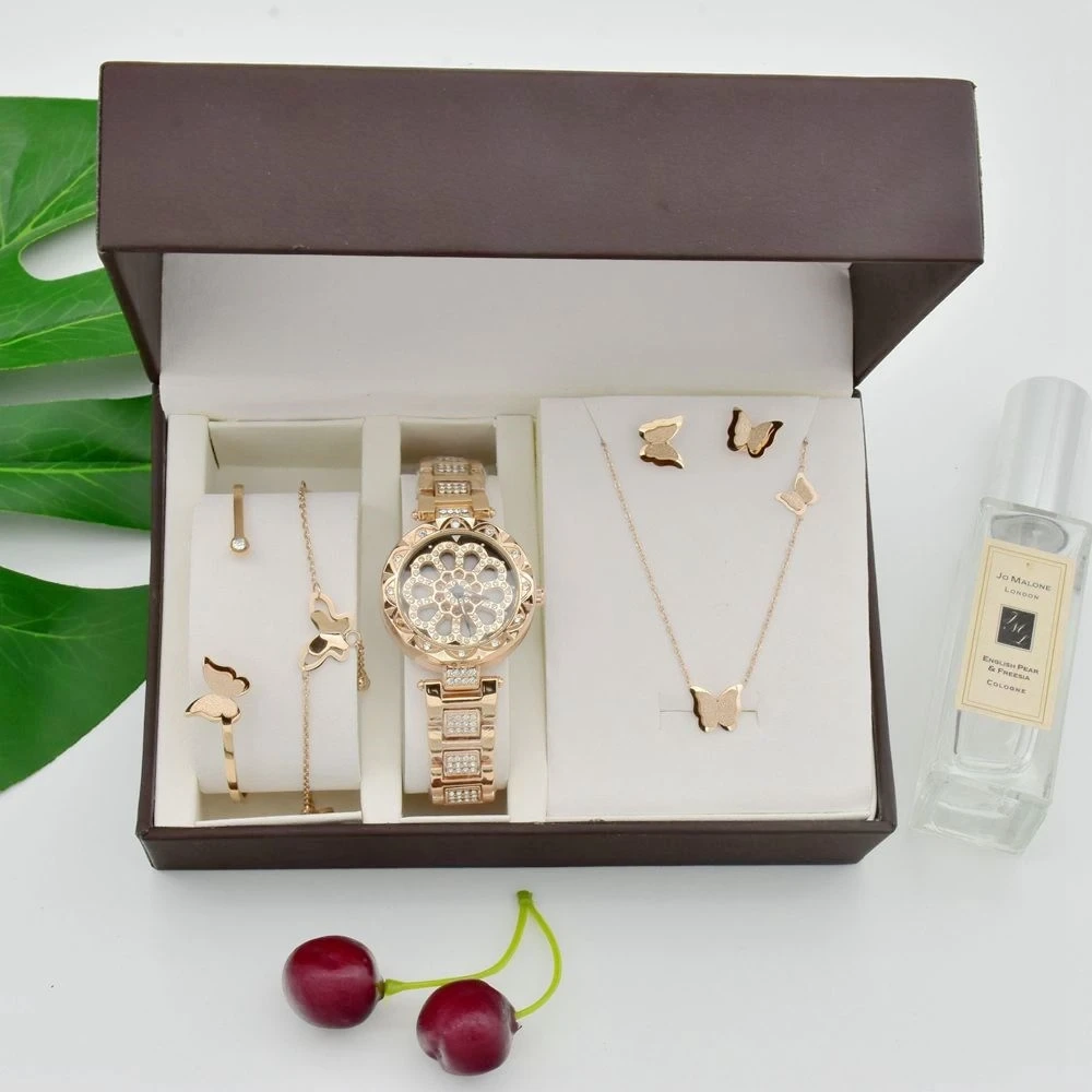 Muestra gratis de reloj para mujer, collar de acero de titanio, pendientes, pulsera, conjunto de relojes exquisitos para niñas 1