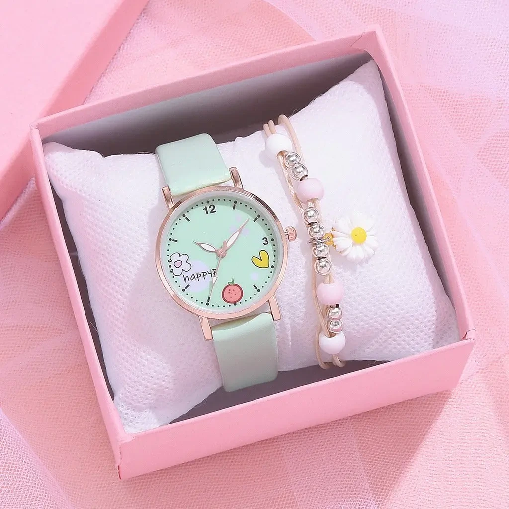 Free Sample Women Students Children Watches Set Girls Leather Strap Quartz Wristwatch Female Gift Watch 1