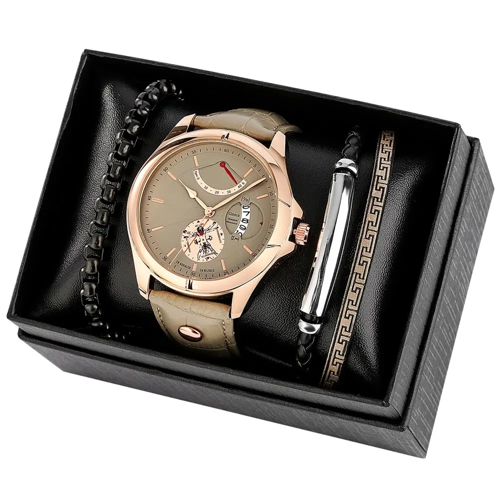 Muestra gratis, nuevas de cuero, reloj de cuarzo para hombre, calendario, relojes de pulsera impermeables, conjunto de pulsera informal de moda, relojes de regalo 1