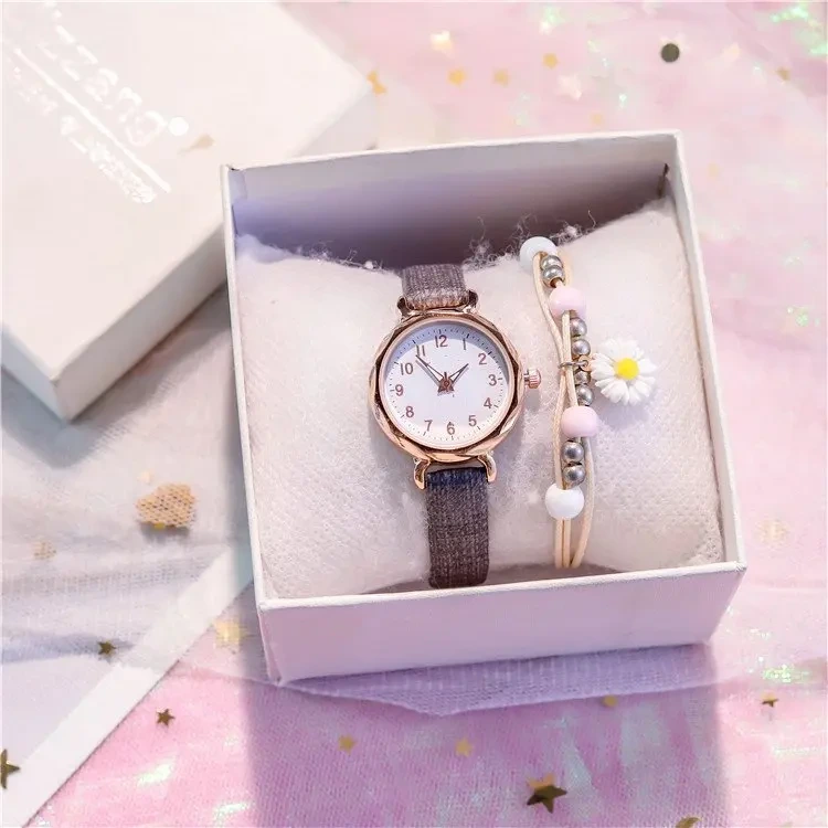 Free Sample Simple Women Cartoon Dial Bracelet Watch Set Ladies Fabric Band Quartz Wristwatches Waterproof Female Watch 1