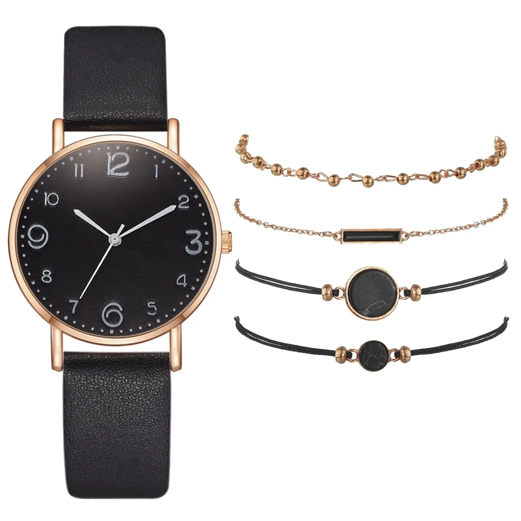 Free Sample Women Leather Ladies Quartz Wristwatch New Style Fashion Bracelet Gift Watch Set 1