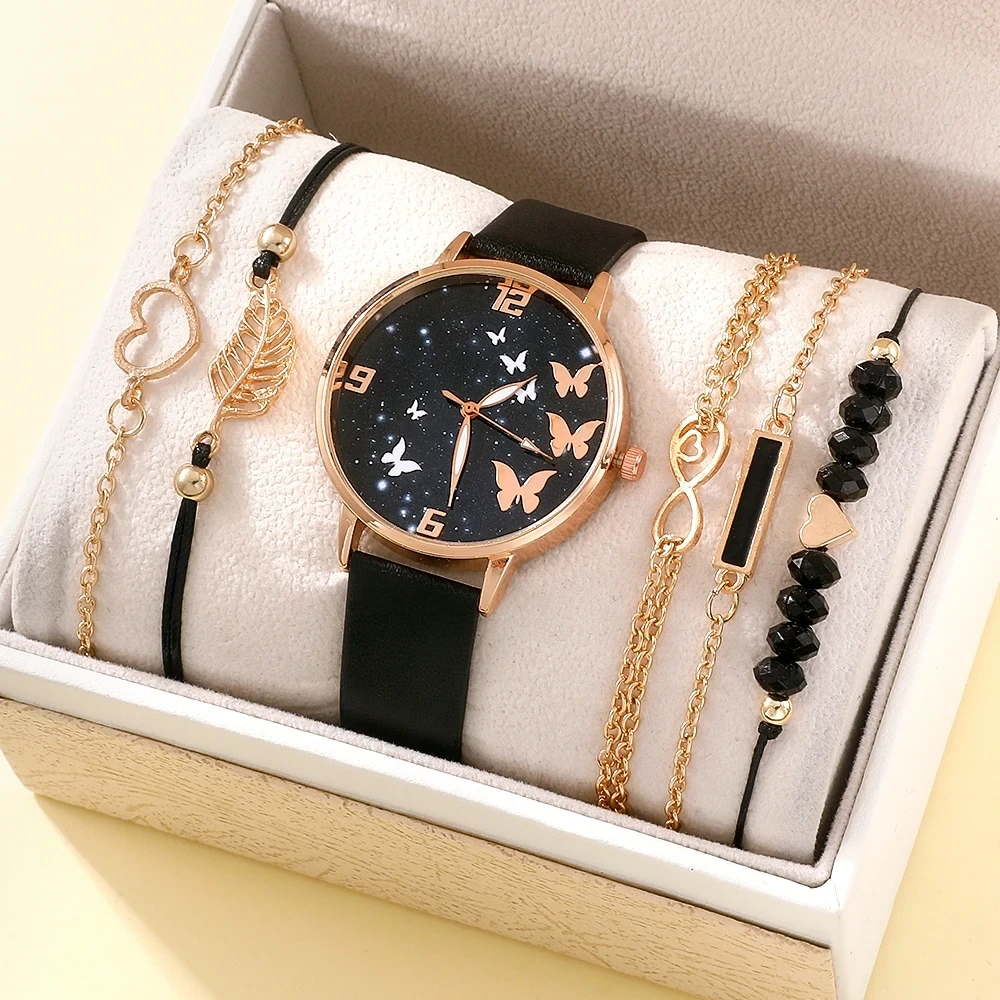 Muestra gratuita de relojes de cuarzo con esfera de mariposa exquisita de cuero para mujer, conjunto de combinación de pulsera para mujer 1