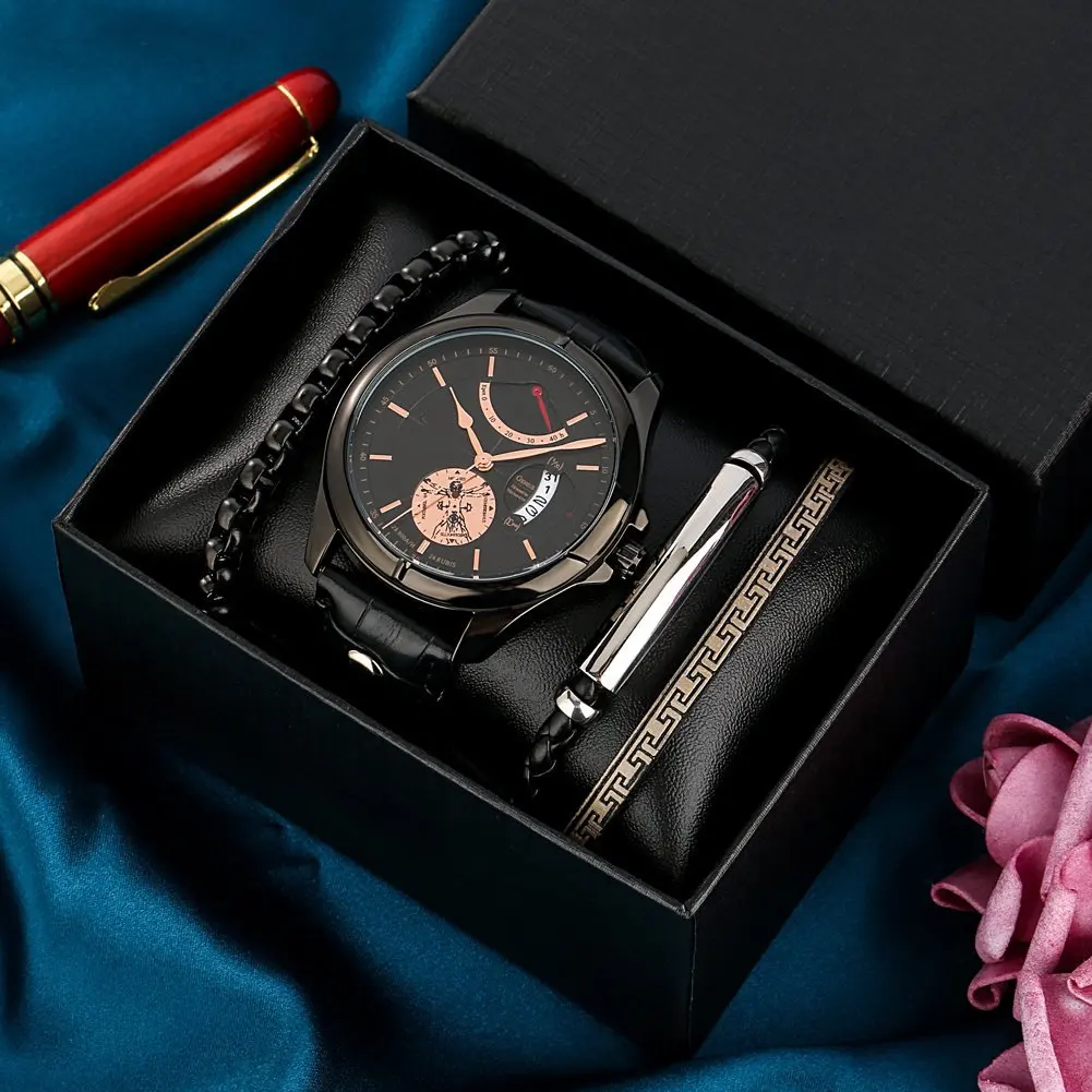 Free Sample Men Waterproof Leather Calendar Quartz Wristwatch Bracelet Set Boyfriend Casual Gift Watch 1