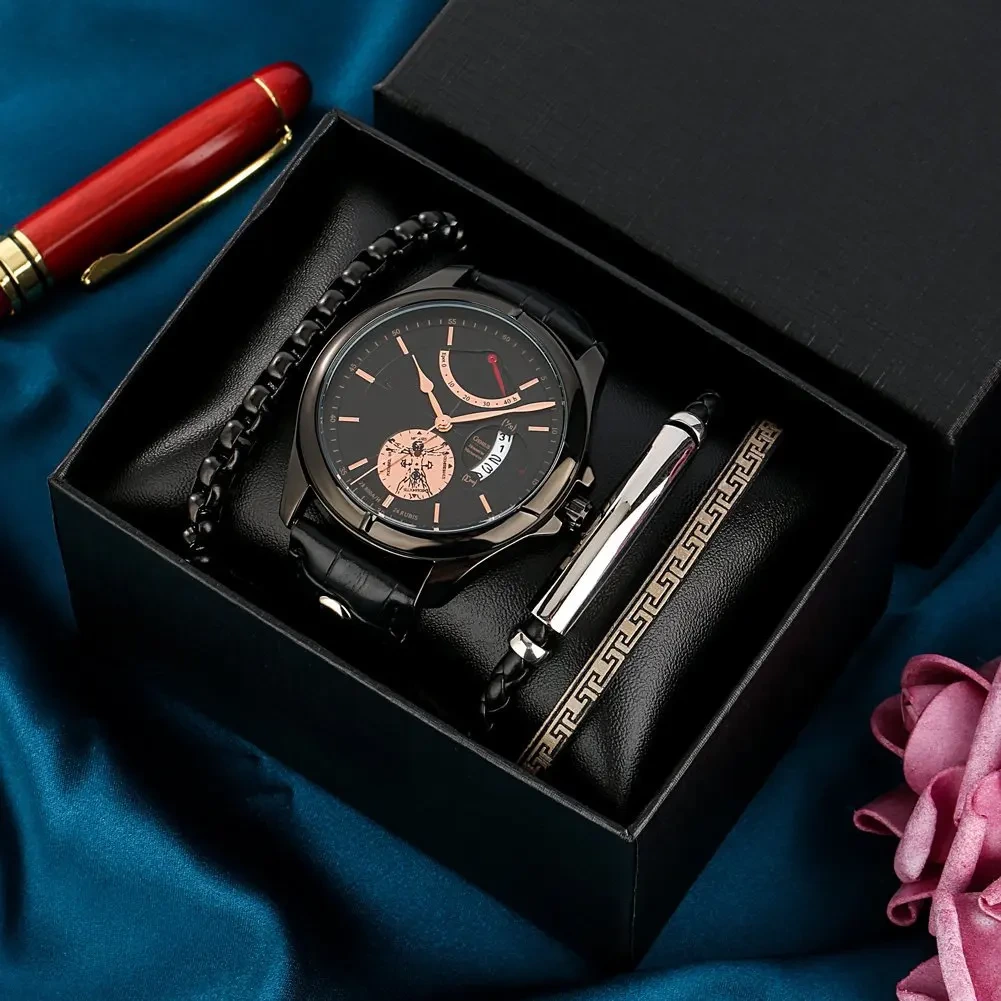 Free Sample Men Waterproof Leather Calendar Quartz Wristwatch Bracelet Set Boyfriend Casual Gift Watch 1