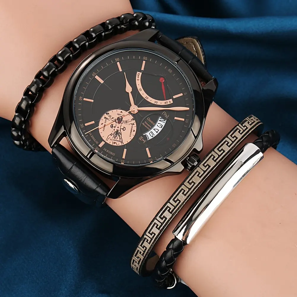 Free Sample Men Waterproof Leather Calendar Quartz Wristwatch Bracelet Set Boyfriend Casual Gift Watch 4